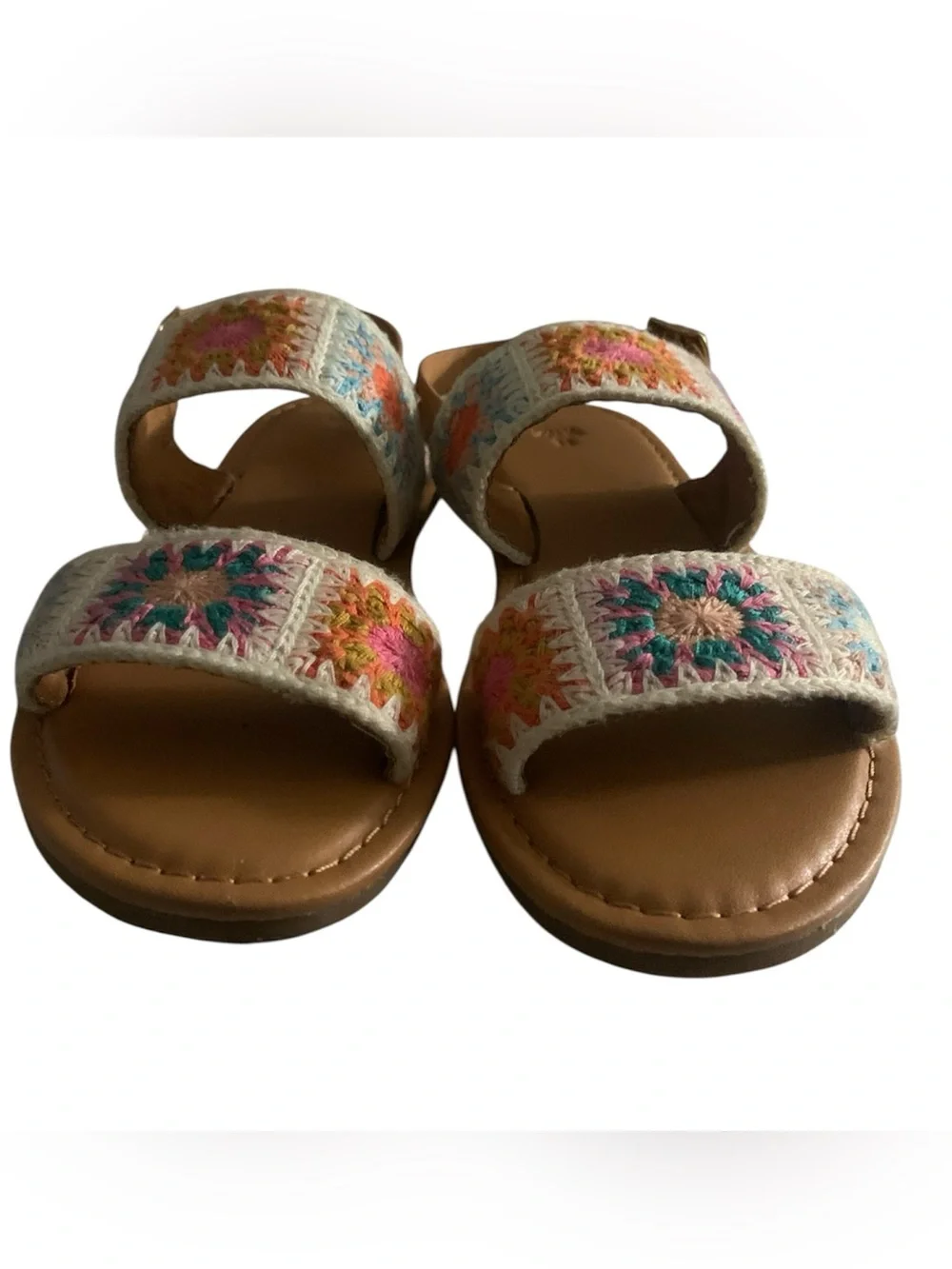 Zara Tan Leather Sandals with Multicolor Crochet Straps Girl 13